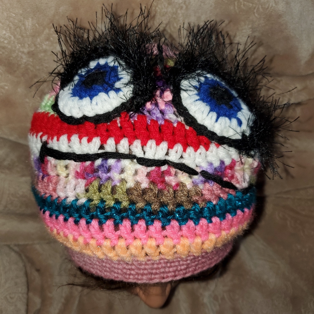 Crocheted crazy happy monster kids beanie